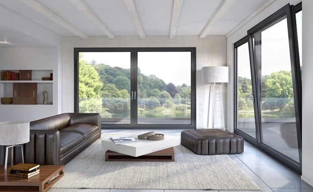 Living room with hinged aluminium frames