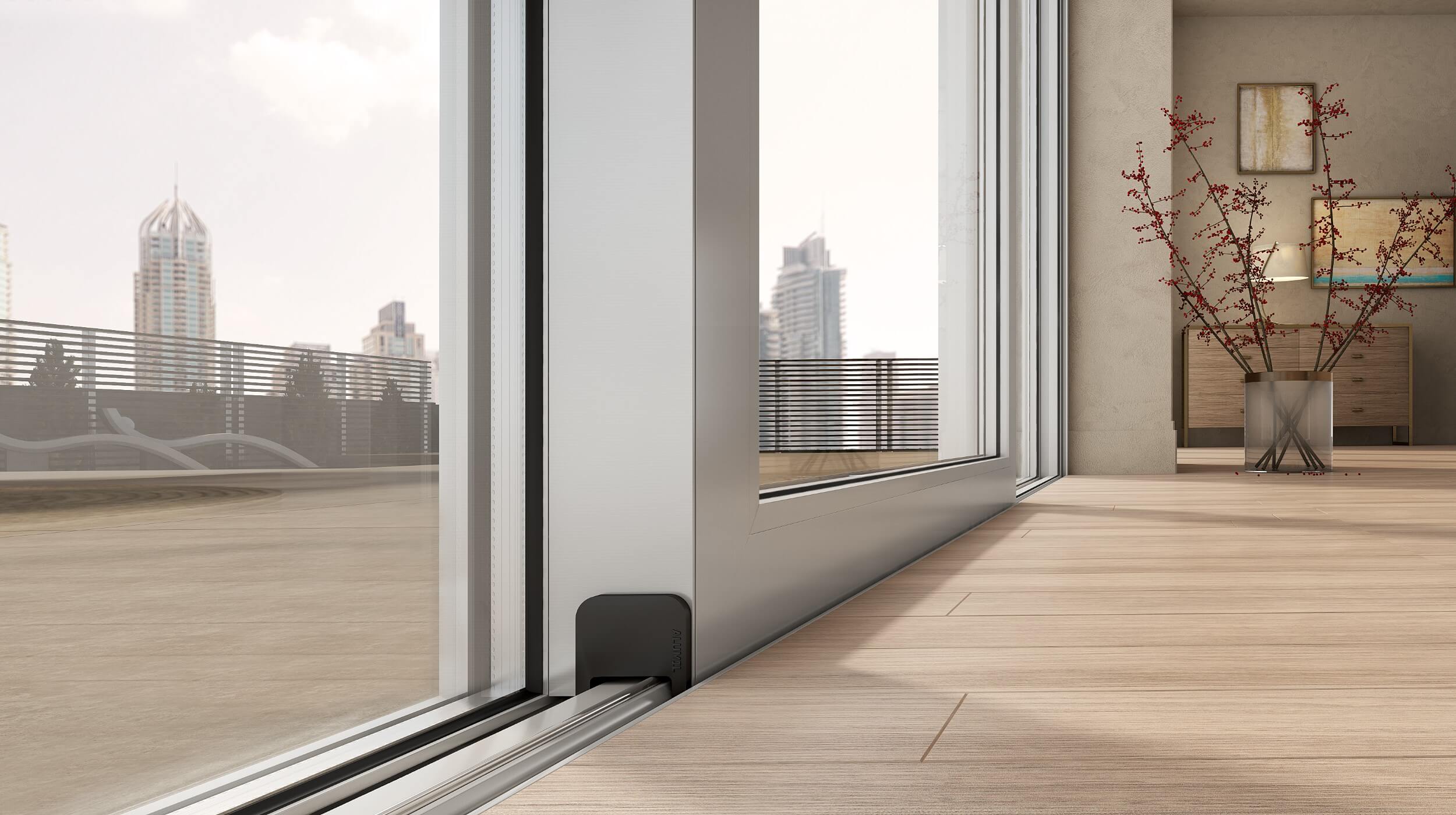 Concealed threshold on a sliding aluminium frame