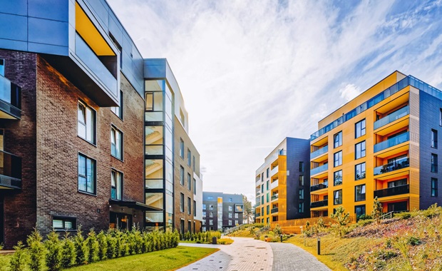 pedestrian area with buildings and frames