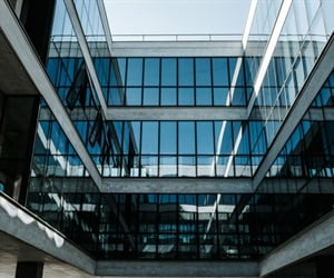 Glass façade in interior courtyard