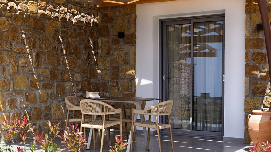 The outdoor space has a table with four chairs and many plants