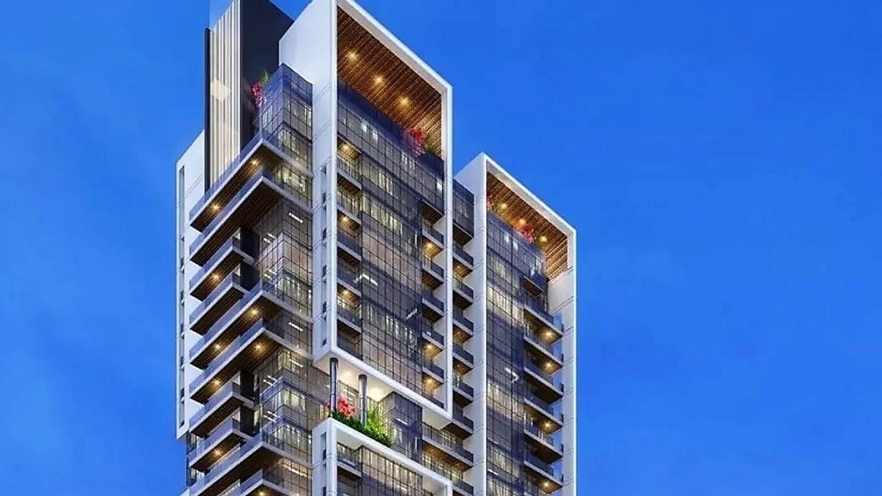 The tower has curtain walls and balconies