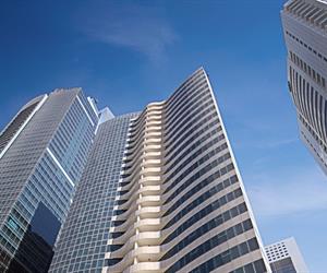 The tower from the bottom up with the blue sky