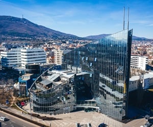 The building is covered in curtain walls