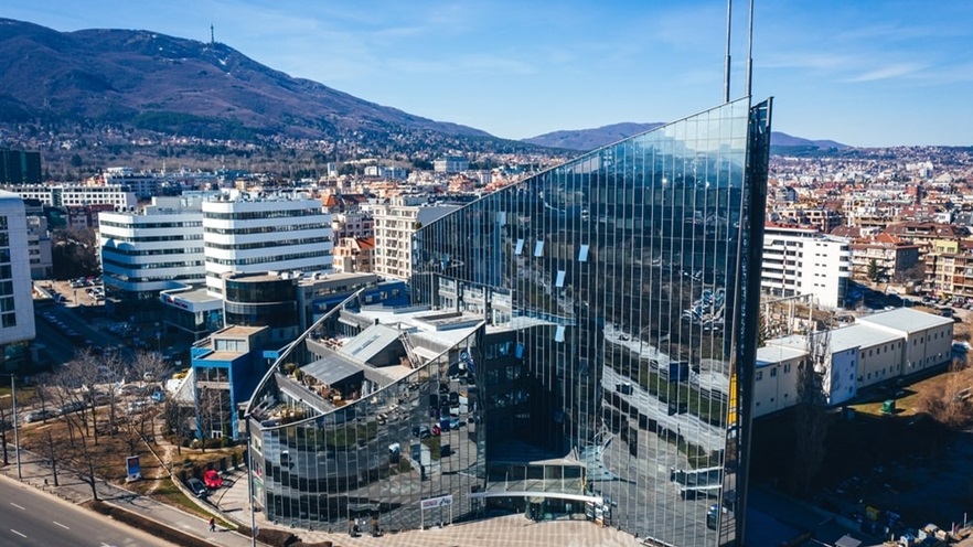The building is covered in curtain walls