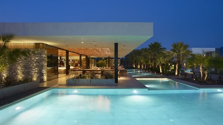 The pool with lights on at night