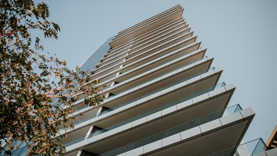 The exterior of the building from a low angle