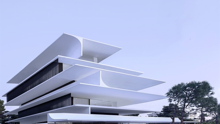 The building's entrance and balconies