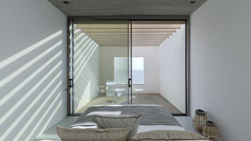 View to the concrete room outside the bedroom window