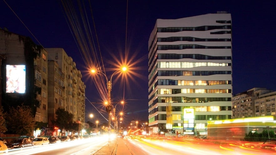 The tower and the streetlights at night