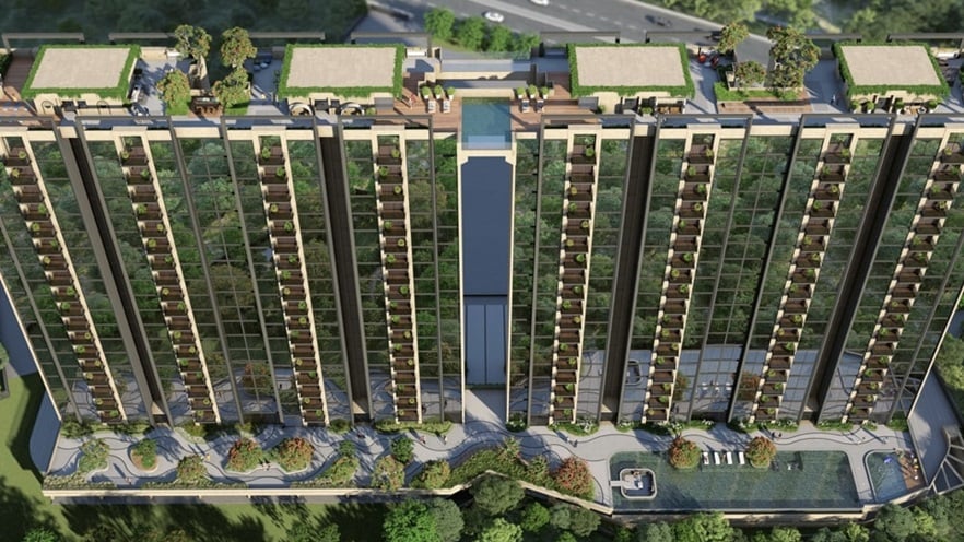 The building is surrounded by trees and has a rooftop with pergolas.
