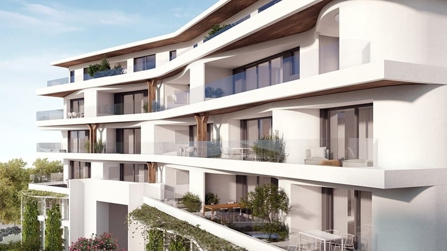 The large balconies have glass railings