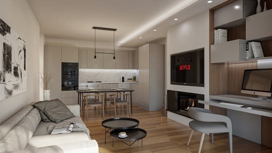 The main area has an open space kitchen and the living room