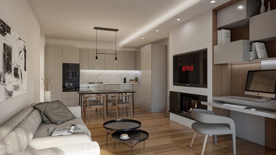 The main area has an open space kitchen and the living room