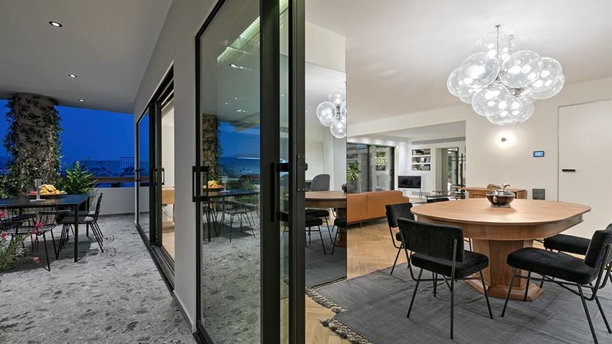 View of the dining room through the open window