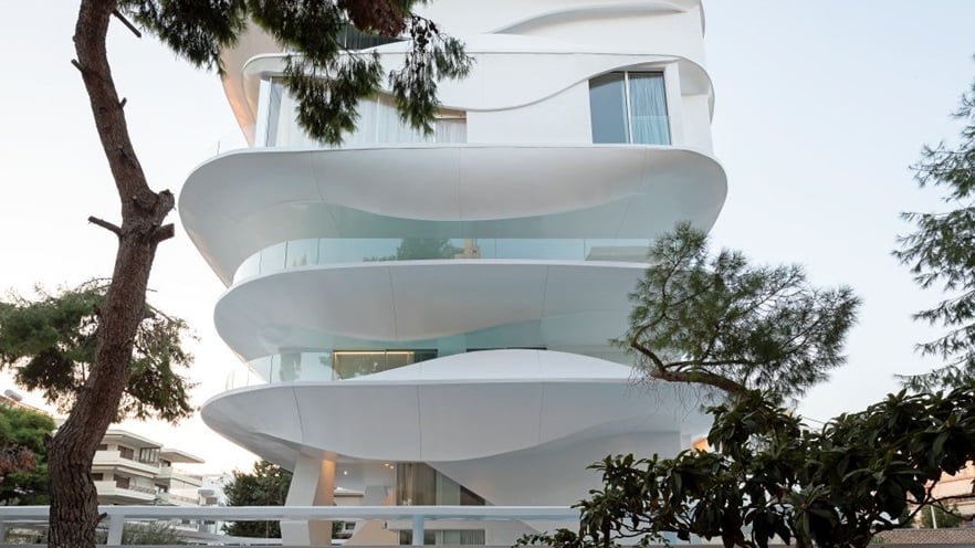 The 5-storey building with curved edges and wavy walls