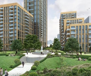 On the base of the towers there are large gardens with trees and fountains