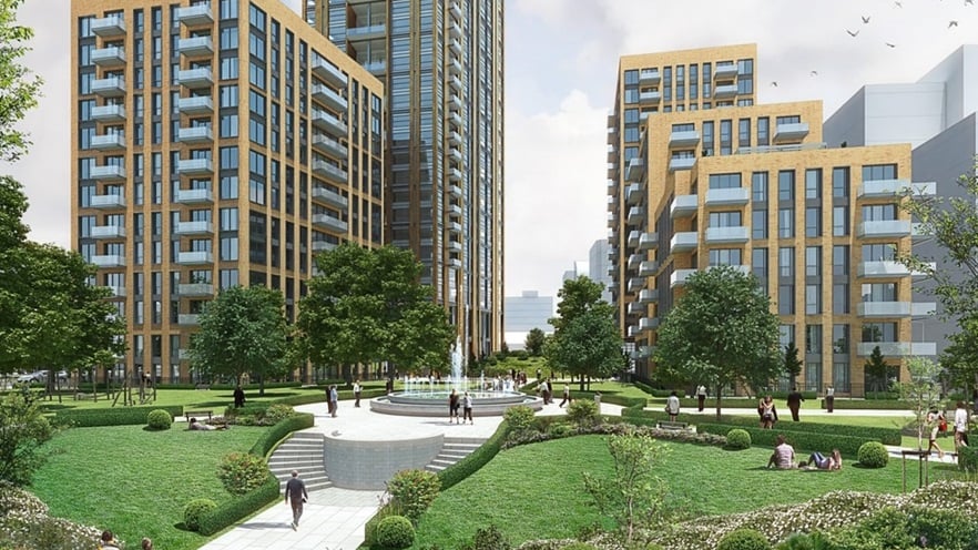 On the base of the towers there are large gardens with trees and fountains