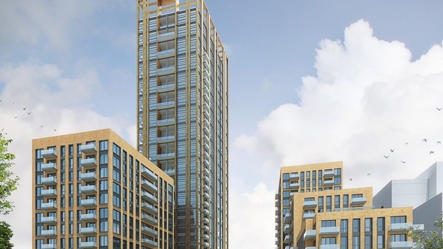 The towers have curtain walls and balconies