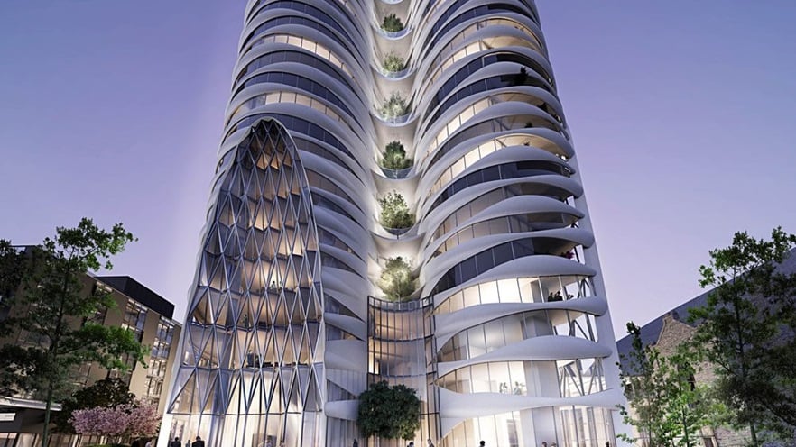 The front entrance of the building has a spectacular curtain wall placement
