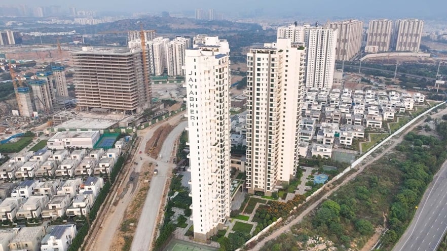 Aerial view of the three white towers