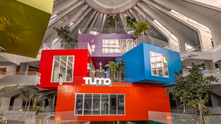 The colorful rooms randomly placed on the inside of the pyramid