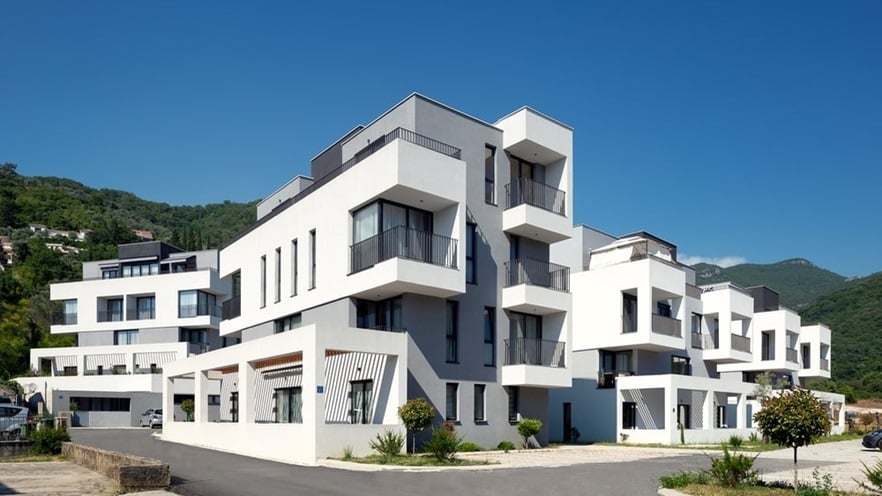 The three buildings have uneven surfaces and many windows and balconies