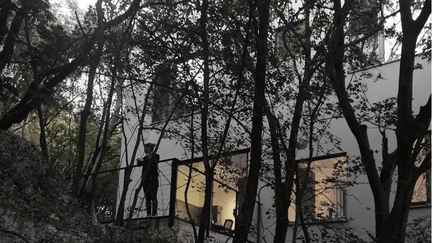 The balcony and appears through tree branches
