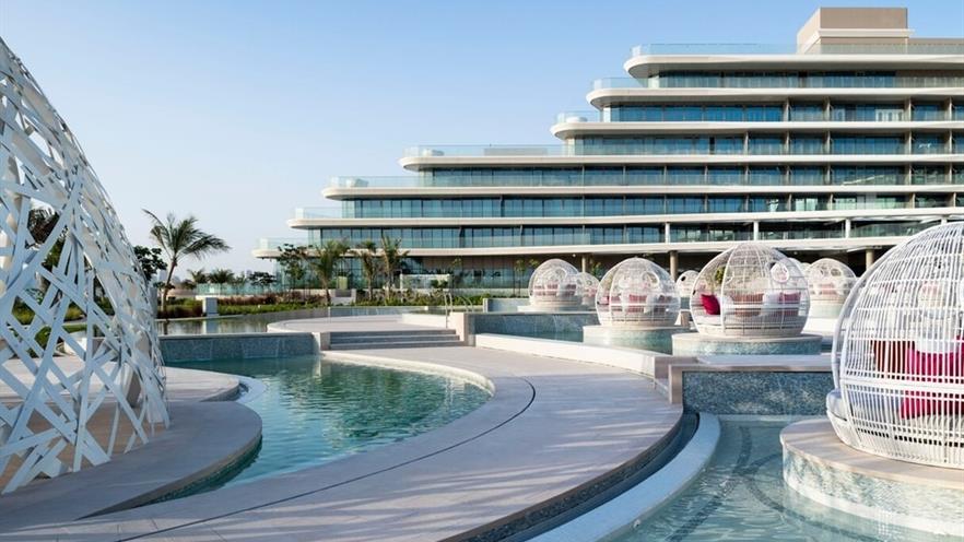 The pool area with shade constructions