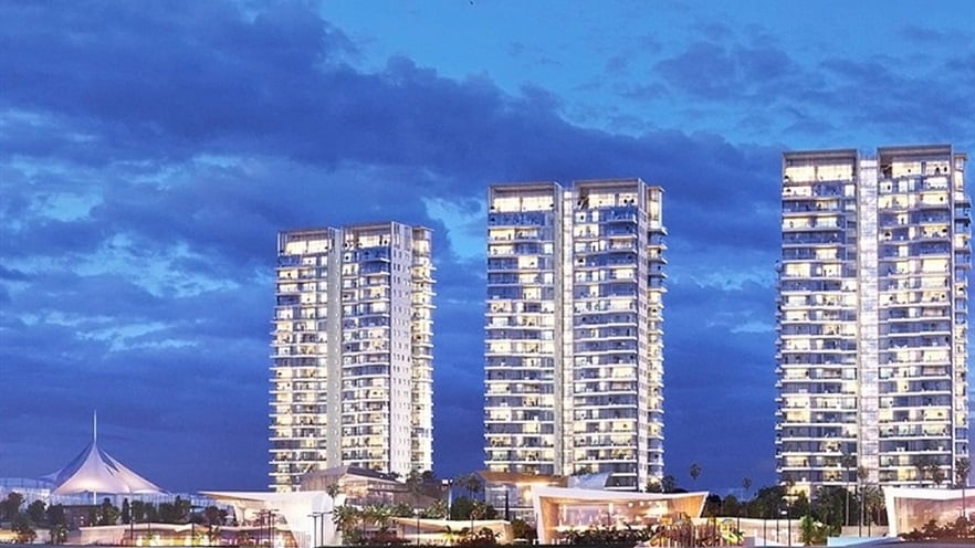 The towers with lights on at night
