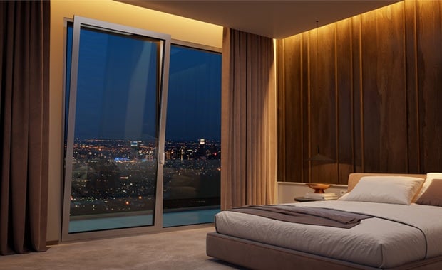 Bedroom with aluminium hinged frames