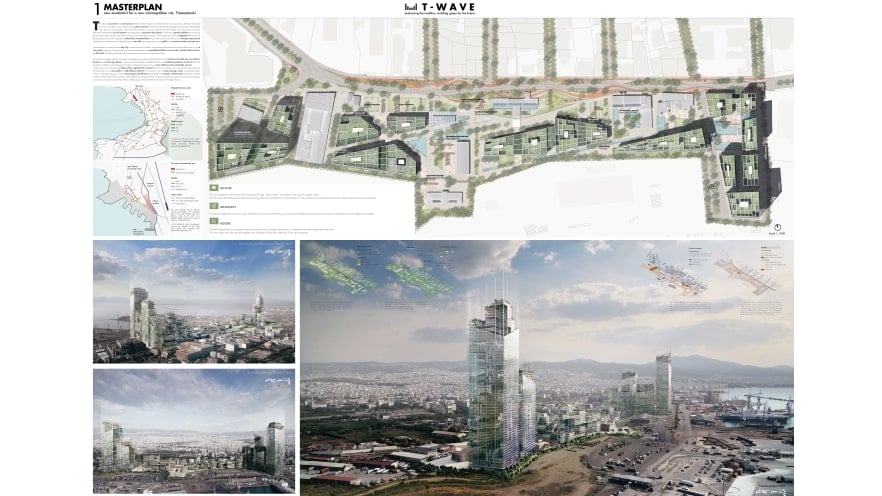 First plate of the honorable mention of ArXellence 2: THESSALONIKI WAVE (T-WAVE), embracing the tradition, building green for the future, created by F&M Ingegneria Spa, MAU Architecture & marsiglilab