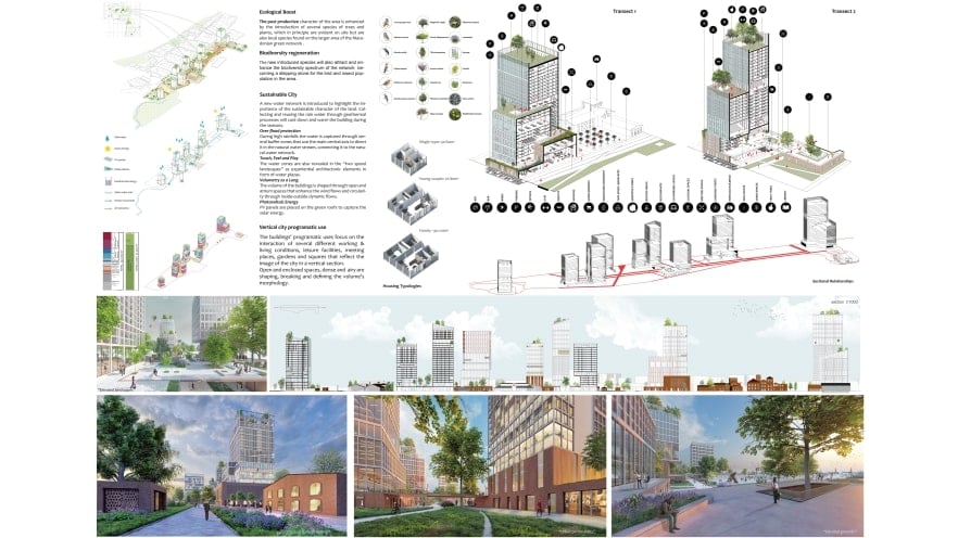 Second plate of the fifth prize of ArXellence 2: De – fragmenting the Productive City _ the case of Thessaloniki’s CBD, created by Maria Chrysoula Akrivou and Antonis Athanasiou